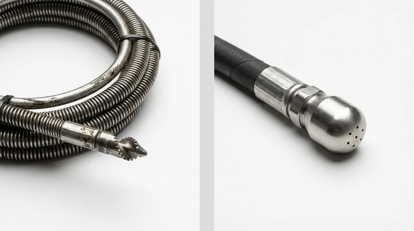 Drain snake cable and hydro jetting nozzle used for drain cleaning in Grafton, ND