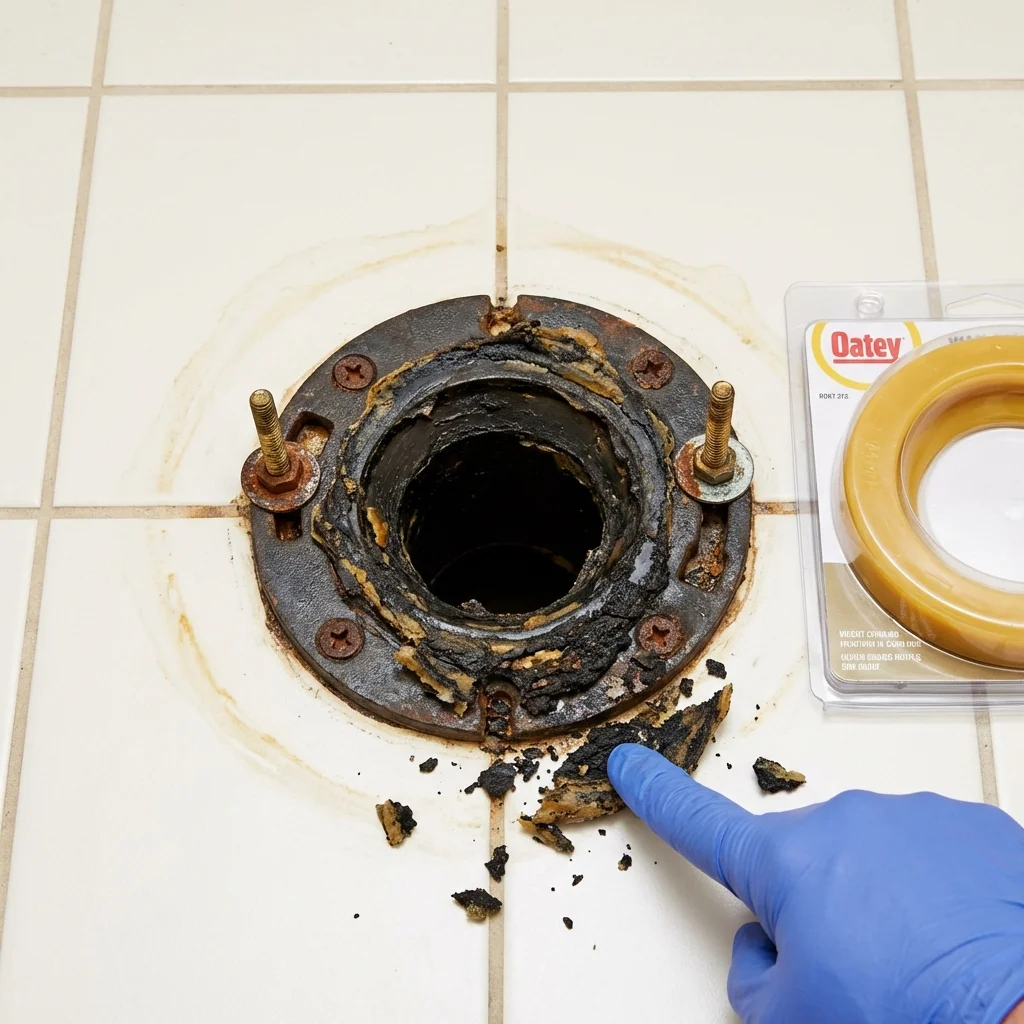Failed wax ring showing water seepage at the base of a toilet in a Grafton, ND home