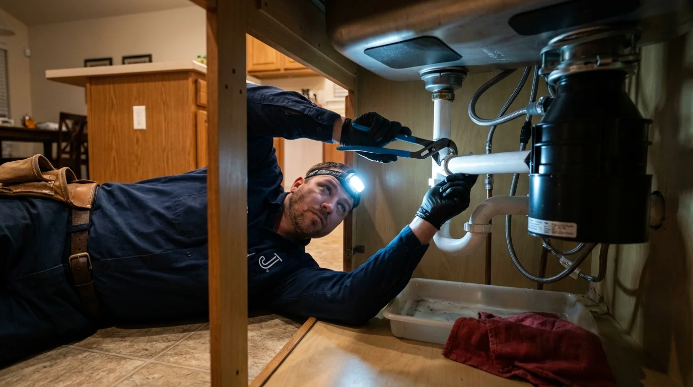 P-trap and supply line connections under a kitchen sink showing a common leak point in Grafton, ND